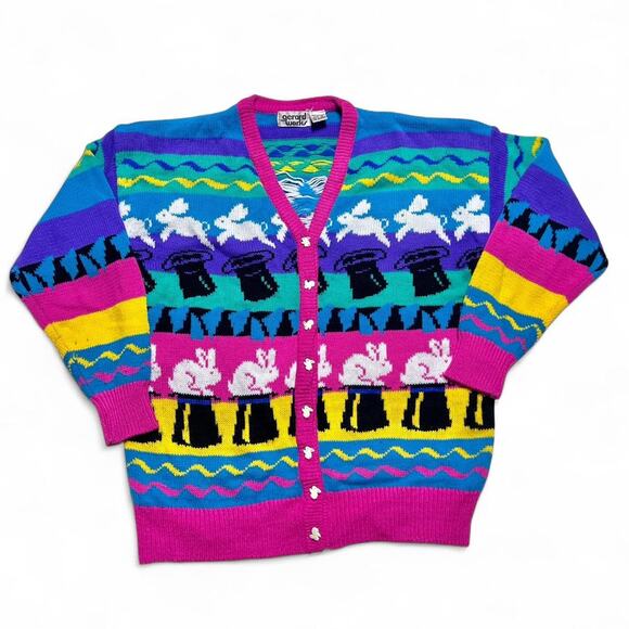 Gerard Works 80s Vintage Magician Magic Rabbit Sweater Cardigan Small - Picture 1 of 8